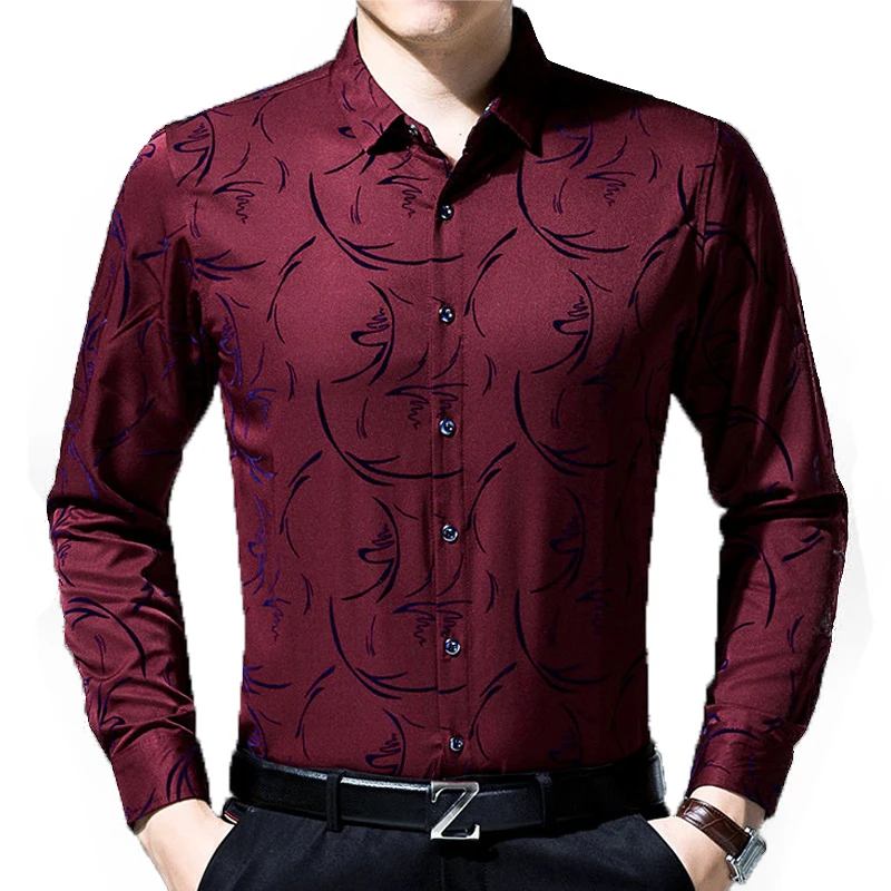 2019 الذكور الأزياء العلامة التجارية عارضة الأعمال ملابس رجالي تلائم الرجل النحيف قميص camisa قمصان طويلة الأكمام الأزهار الاجتماعية اللباس الم...