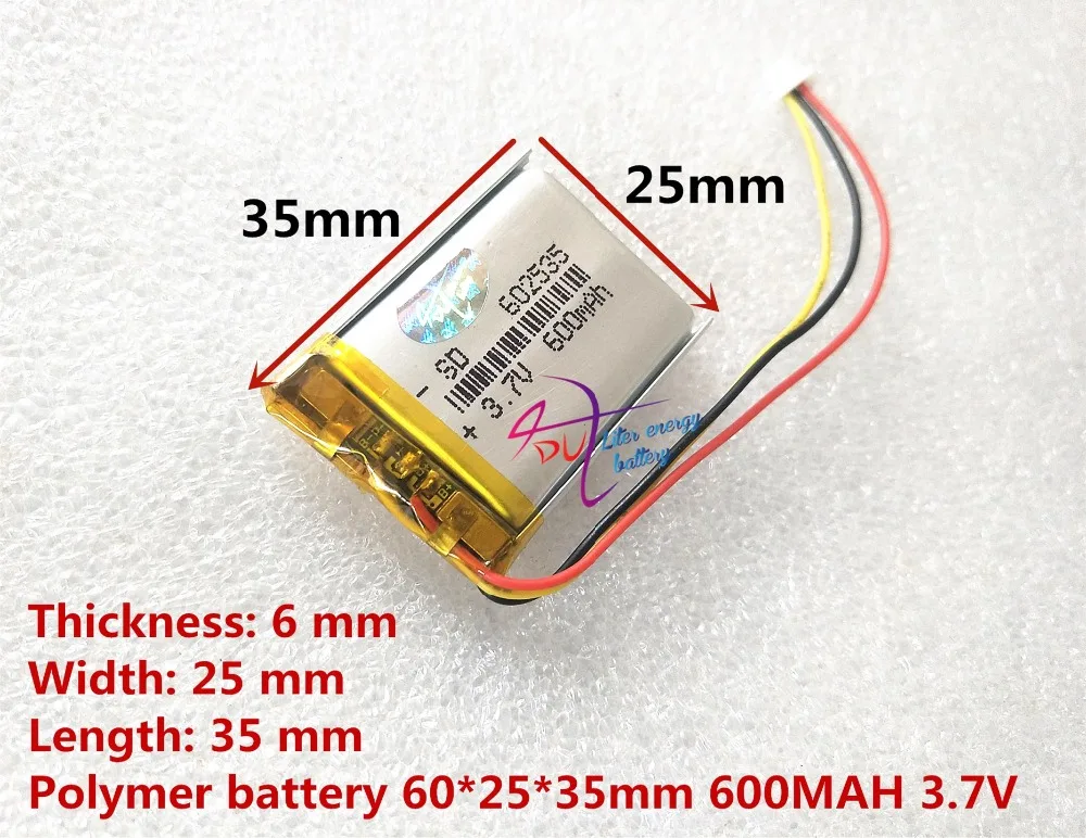 Литий полимерный аккумулятор 602535 + 600 мАч 3 7 В SD|lithium polymer battery|polymer battery600 mah |