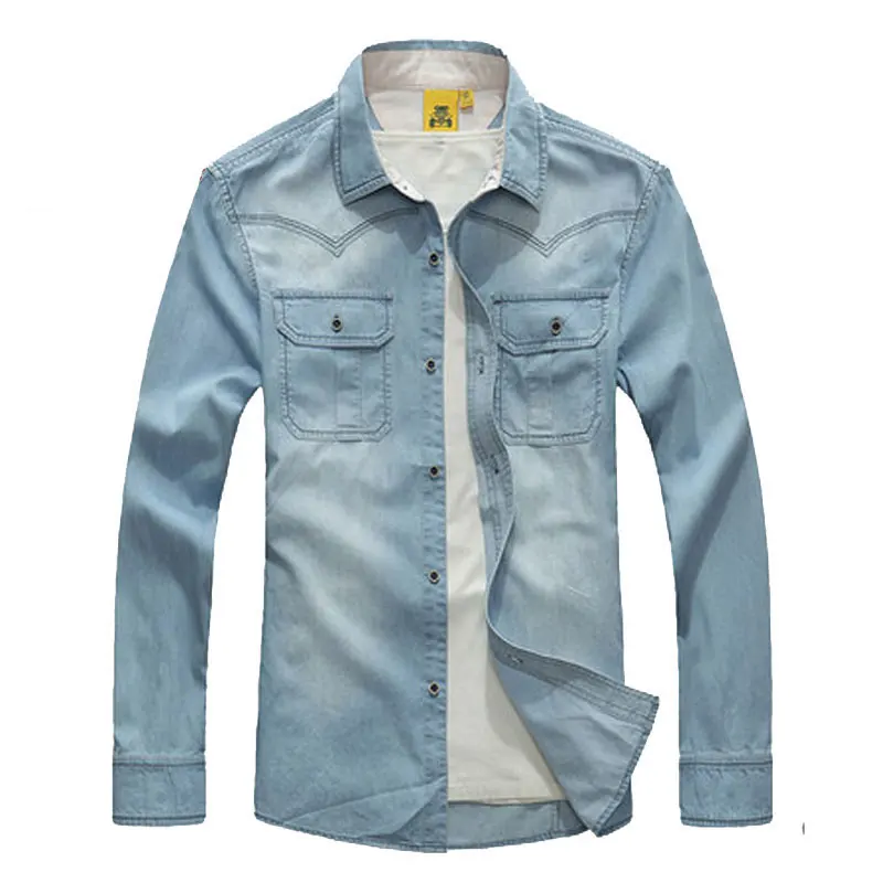 M~ 4XL 5XL Осень Весна мужские джинсовые рубашки с длинным рукавом Свободная хлопковая брендовая одежда размера плюс однотонные рубашки