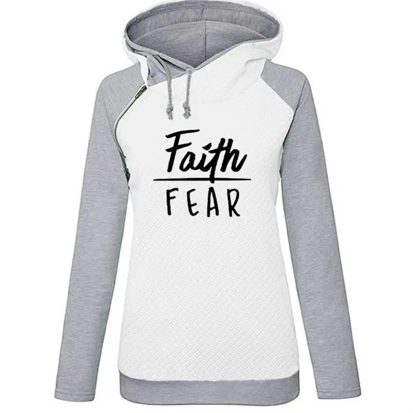 Zipper Decoration Hoodies For Women Faith FEAR Letters Print Hoodies Sweatshirts Kawaii Femmes Printing Pockets Pattern Frauen