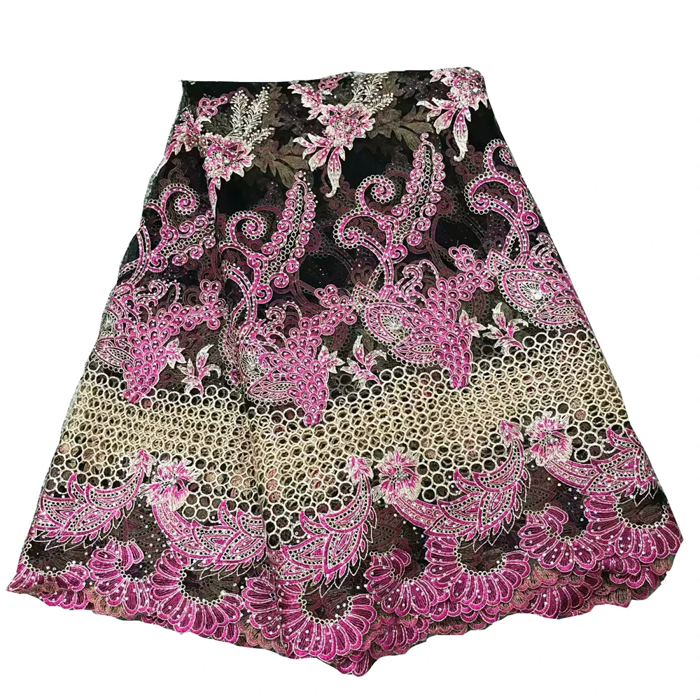 

Best Selling Pink / Gold Circle Design African Embroidered French Tulle Net Lace Fabric With Stones X522-1