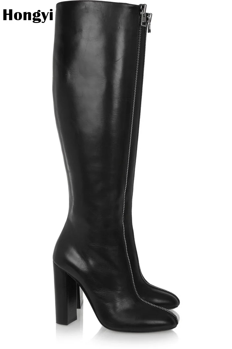 Новое поступление; модные черные кожаные зимние сапоги до колена на высоком каблуке; Женские Дизайнерские Сапоги на молнии спереди