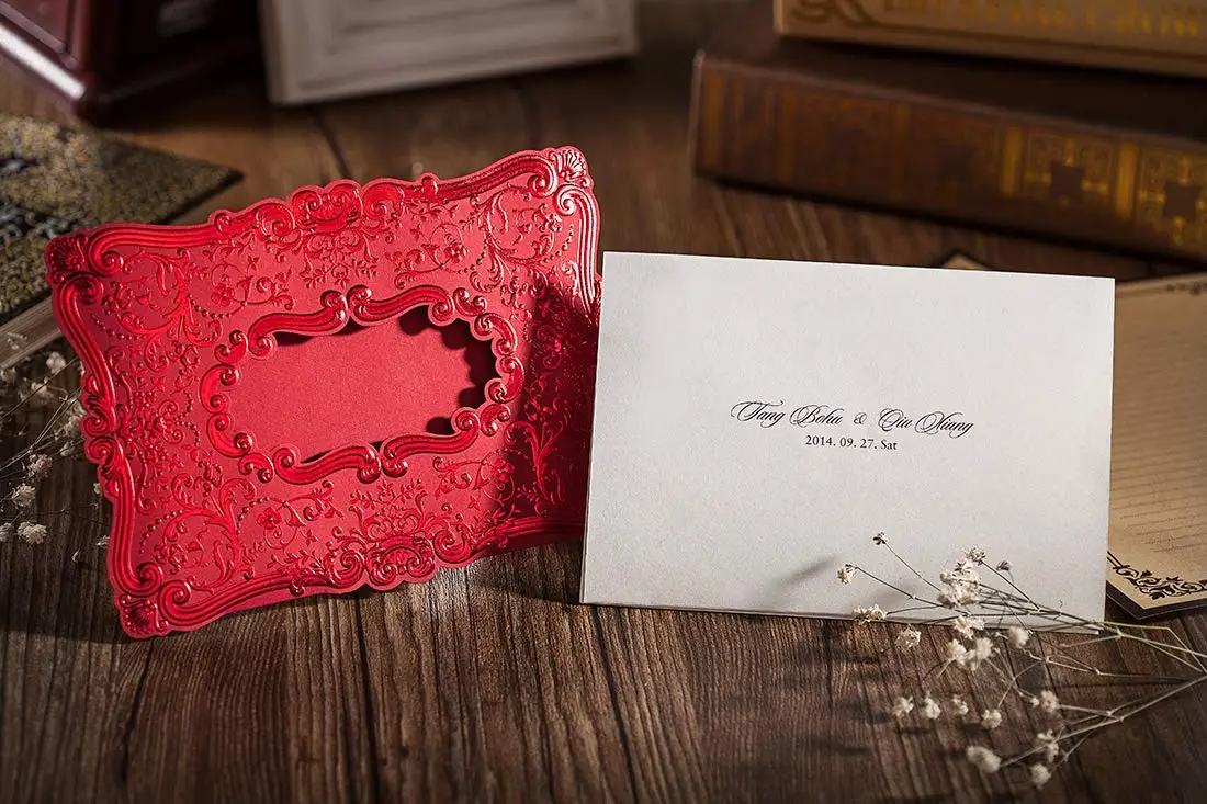 50 шт. Романтический Красный выбивает свадебные приглашения карты с конвертами, индивидуальные Винтаж свадебный душ приглашение на день