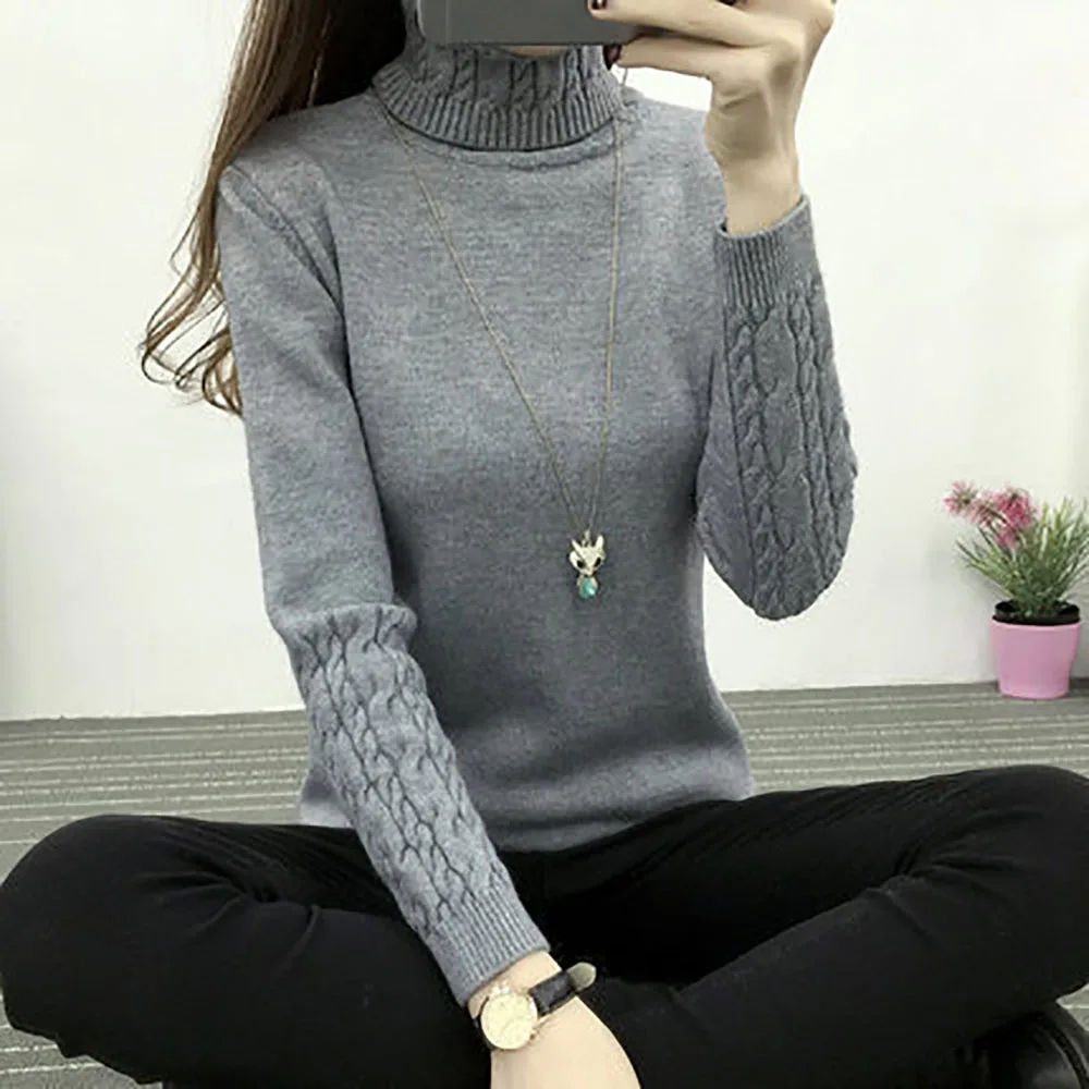 Вязаный женский свитер, зима-осень, с длинным рукавом, тонкий, для девушек, топы, пуловеры, женский, водолазка, для женщин, pull femme hiver - Цвет: Gray