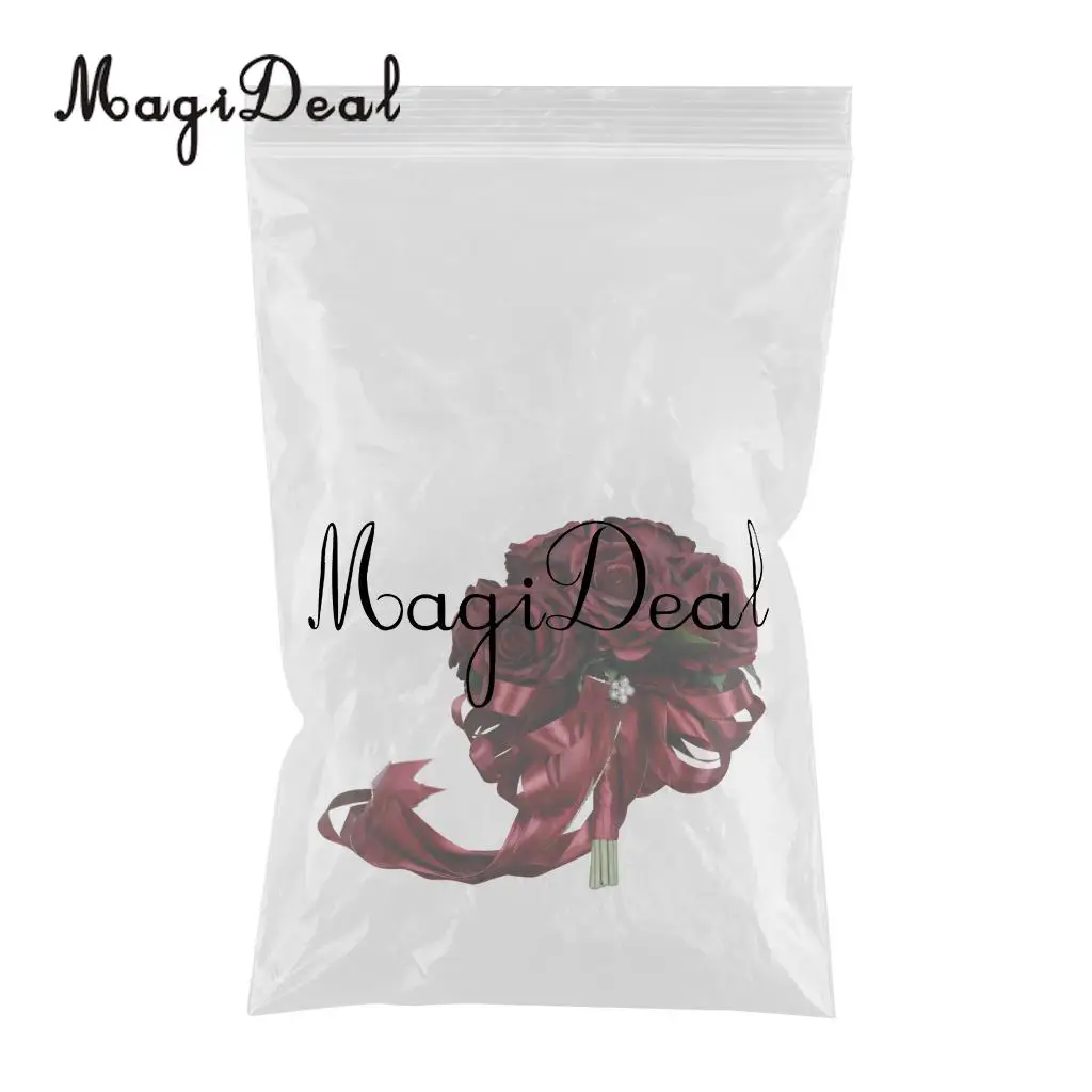 MagiDeal Romantic Rose Flower Wedding Bridal Bouquet Hand Holding Flower Wine Red