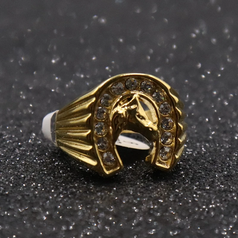 Mens Personality Lucky Horseshoe Ring Stainless Steel Vintage Gold Ring Band Finger (6)
