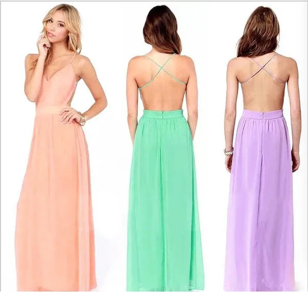 Spaghetti Strap Backless Pleated Maxi Long Party Beach Dress in Dresses