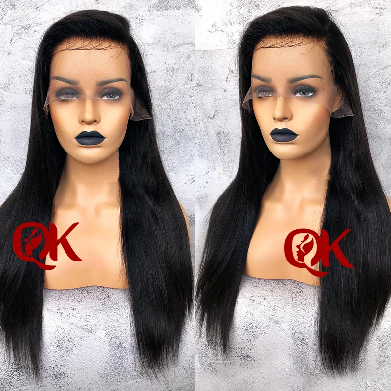QueenKing волос 180% Плотность 13*3,5 Синтетические волосы на кружеве человеческих волос парики для Для женщин натуральный Цвет шелковистой прямо