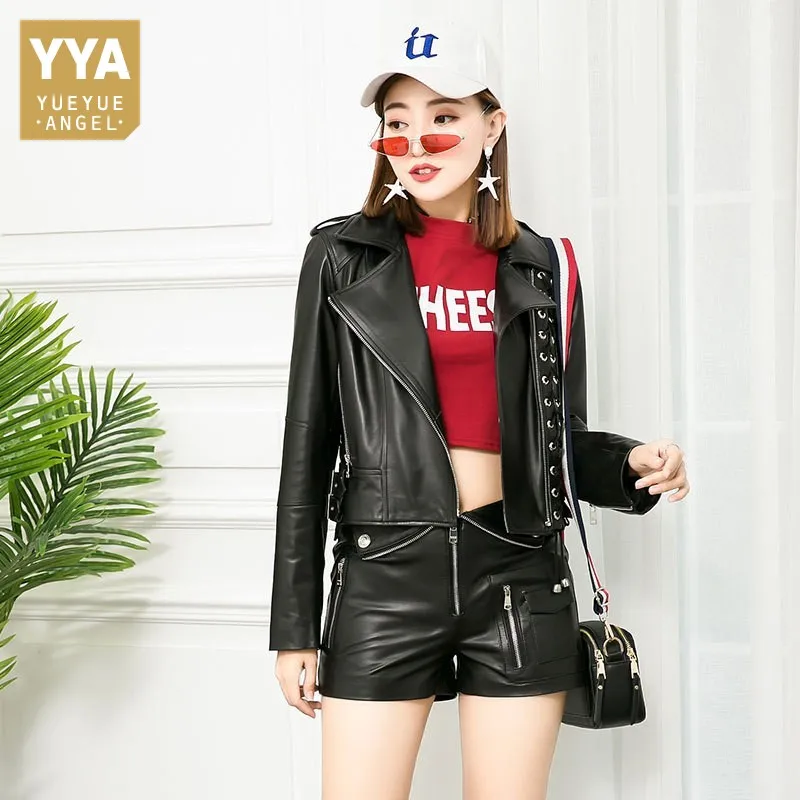 2019 New Korean Punk Slim Real Sheepskin Leather Jacket Women Moto Biker Two Piece Genuine Leather Coat And Shorts Suit Female