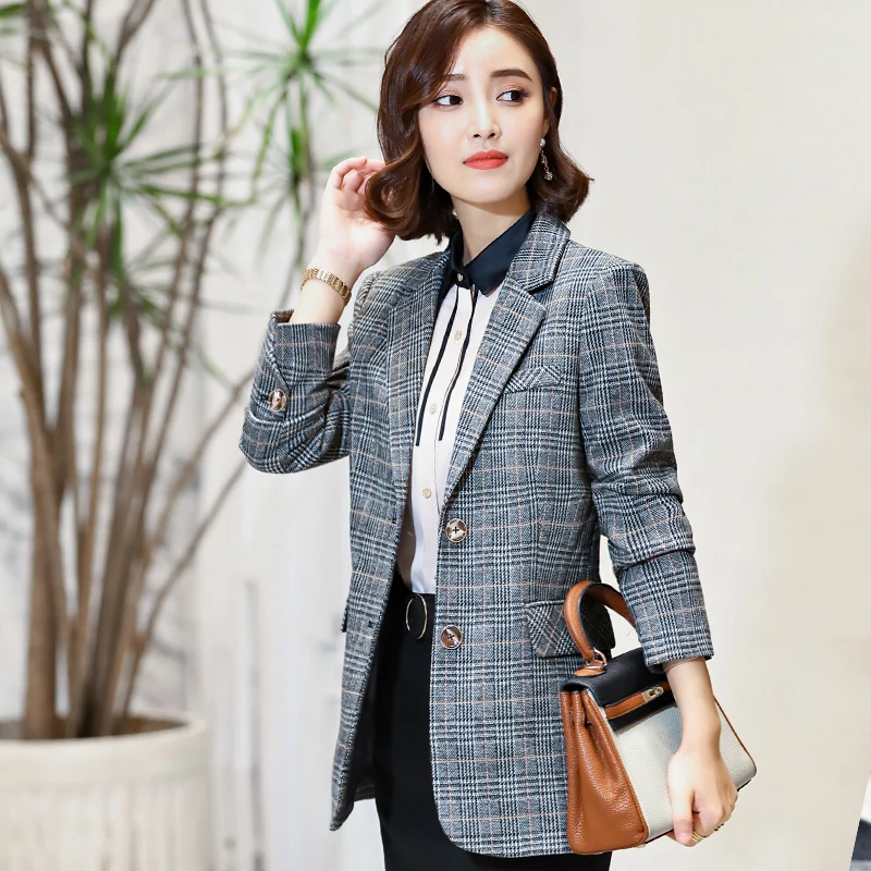 Longues Ol Hiver Femmes Treillis Blazers Formelle Slim Bleu Manches Acrmrac Automne Veste Et À gris Longue 1UPHq1f