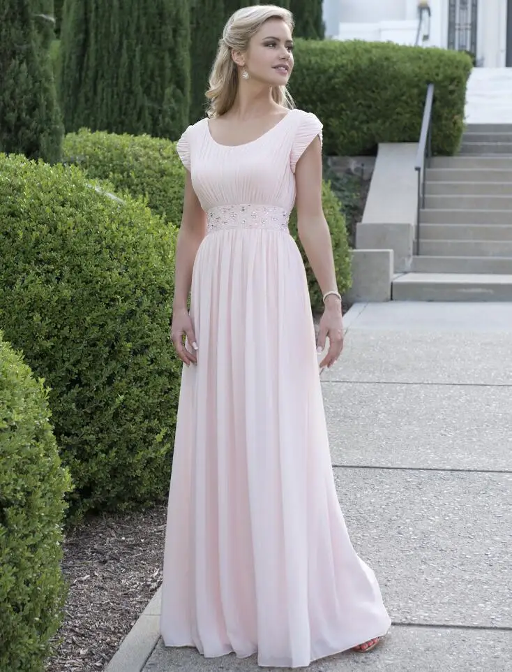 Cecelle 2019 светло-розовый длинный скромные платья для подружки невесты с короткие рукава, отделка бисером Ruched вечернее платье с круглым