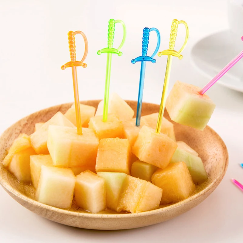 100PCS/Pack Transparent Plastic Sword Shape Fruits Fork Plastic
