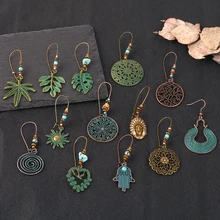 Cobre verde hoja étnica pendientes Boho redondo hueco gota pendientes joyería aros para mujer para regalos de fiesta al por mayor