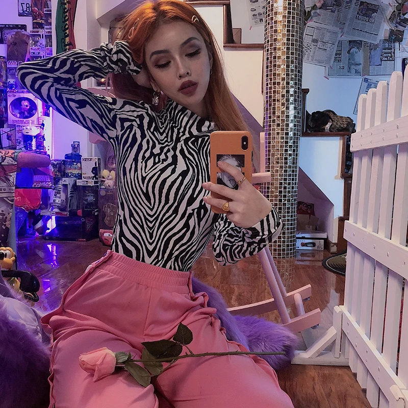 

Sexy Turtleneck Long Sleeve Bandage Bodysuit Color Block Zebra Stripe Women Romper Jumpsuit Autumn Spring Winter Tee Top Overall
