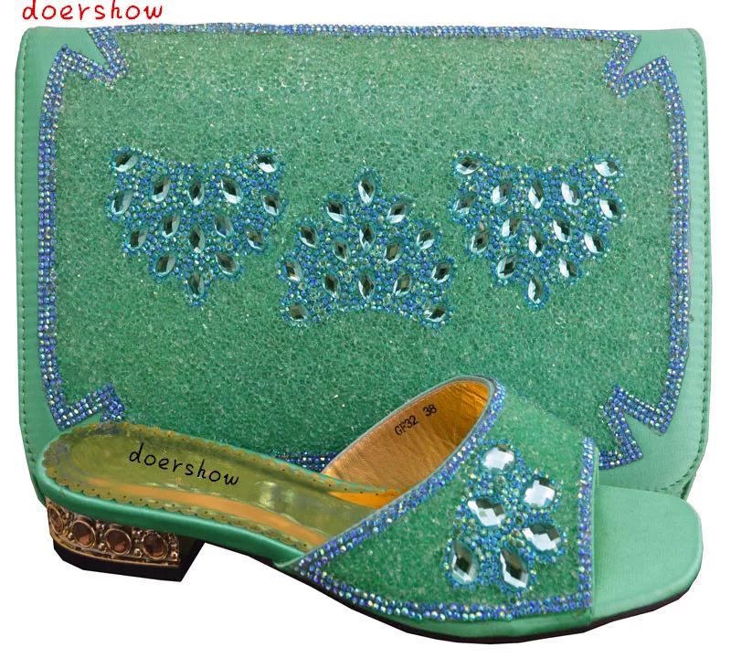 green doershow beautiful African shoes and matching bags with rhinestones High class ladies shoes and bags