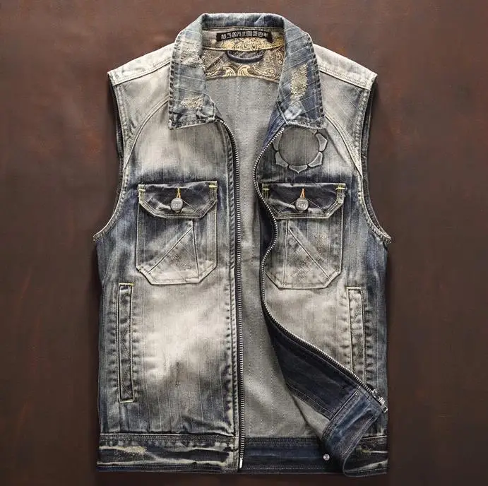 

Mens Motorcycle Club Biker Vest Young Men Light Blue Vintage Denim Turn Down Collar Classical Washed Slim Fit Size S-3XL