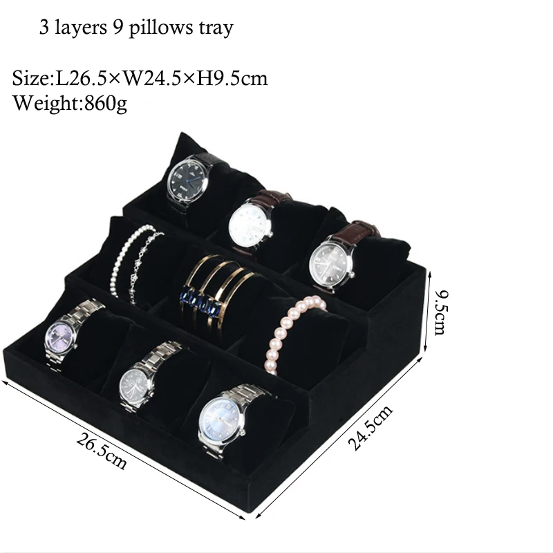Luxury Black/Gray Velvet Linen Bracelet 9 Pillows Tray  Watch  Stud Hand Catenary Jewelry Tray Plate Holder Display