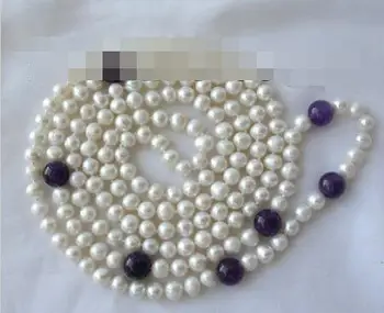 

long 50" 7-8mm round white freshwater cultured pearl amethyst necklace h675