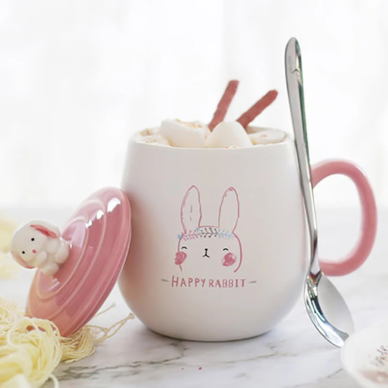 

Mugs with Lid ,stainless steel Spoon Rabbit Pattern Cute Style Ceramic Milk Coffee Tea Breakfast Cup Creative Trend Water Cup