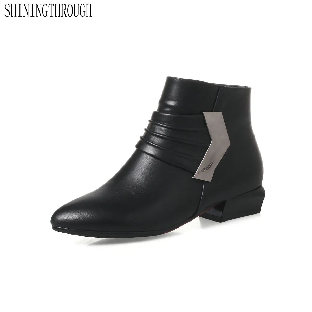 

SHININGTHROUGH 2018 pu Leather Woman Shoes Thick Heel Ankle Boots pointed Toe Platform Short Boots PU Shoes Size 34-43
