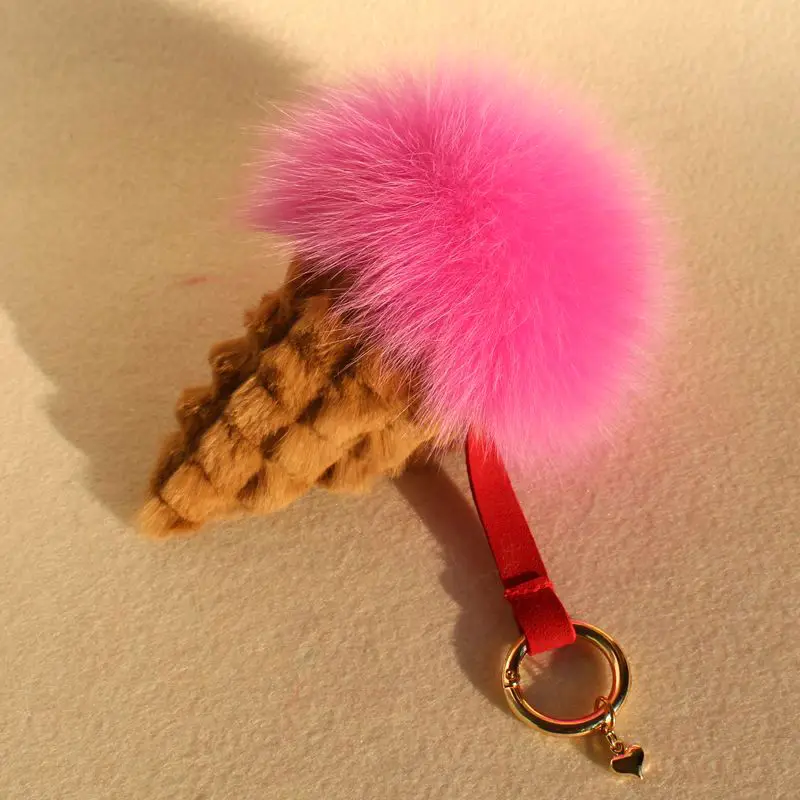 

On Sale Fluffy Genuine Fox Fur Real Rabbit Fur Keychain Pompom Ice Cream Key Chain Pendant Women Bag Charm Birthday Gifts