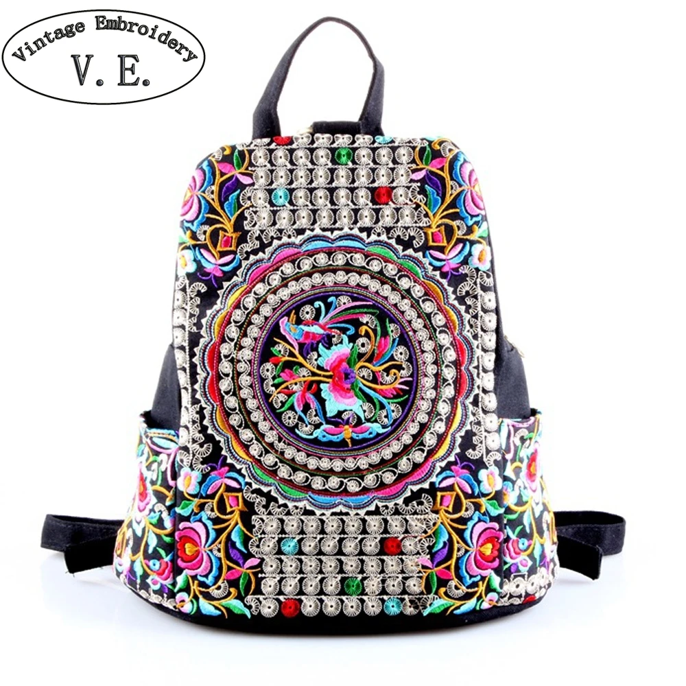 

Vintage Embroidery Women Ethnic Canvas Backpack Ladies Handmade Flower Embroidered Travel Bag Schoolbag Backpacks Mochila