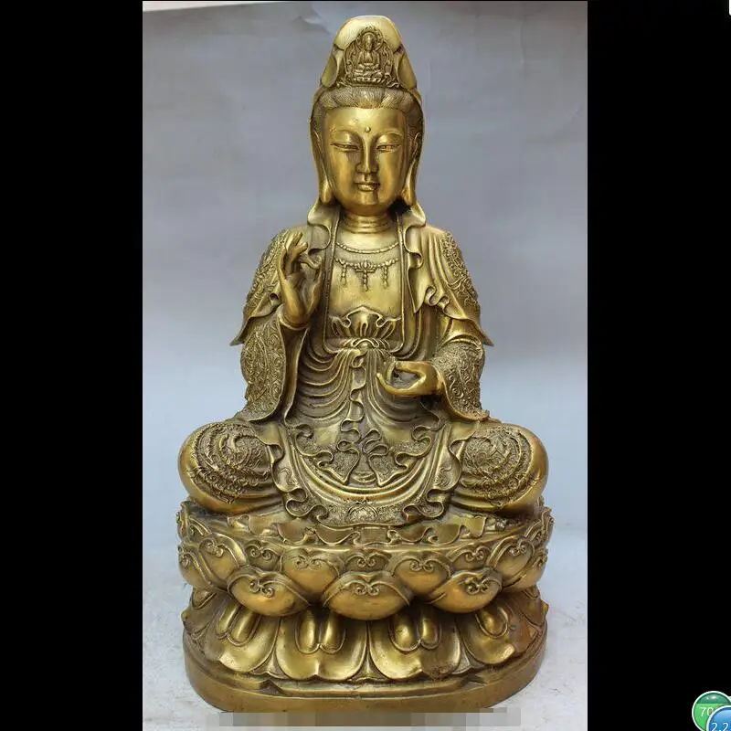 

88006270<<<16" Chinese Brass Temple Bless Pray Kwan-yin GuanYin Bodhisattva Seat Statue