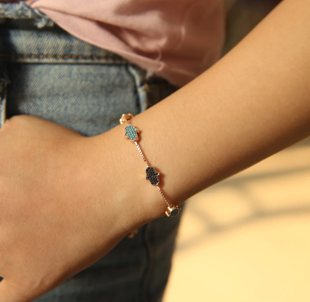 Новейшая Европейская мода 925 серебряный браслет милый черный CZ Фатима Хамса рука Шарм Браслеты розовое золото регулируемый браслет