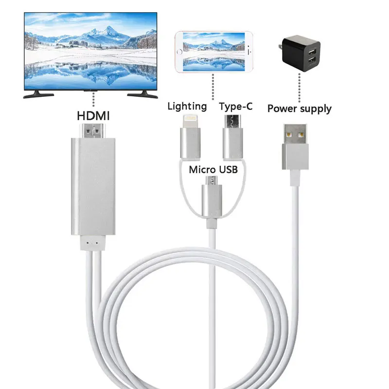 AHHROOU Новый 3 в 1 2 м HDMI кабель HDTV адаптер AV кабель системы освещения/Micro USB/type C к HDMI 1080 P для iPhone Android телефонов