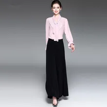 Fairy Dreams Women’s Suits Two Piece Set Pink Chiffon Shirt Tops And Black Pants Wide Leg Trousers LadY Office Fashion Clothing