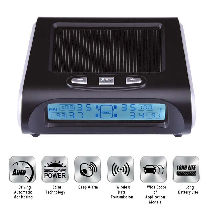 

Professional Wireless TPMS Tyre Pressure Monitoring Intelligent System with 4 External Sensors Solar Energy Antitheft