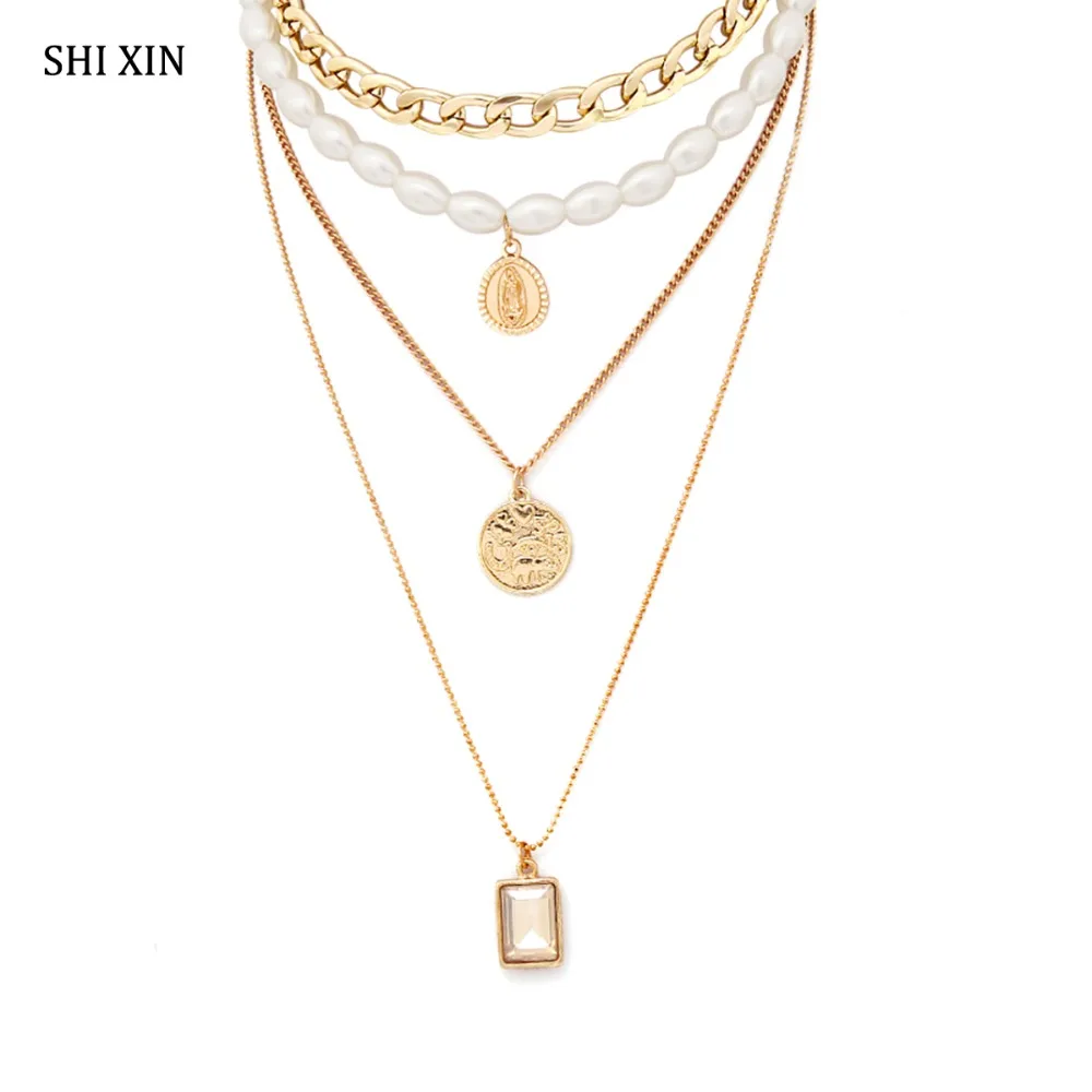 

SHIXIN Boho Multi Layered Chain Choker Necklace for Women Pearl Necklace Coin/Shell Pendants Fashion Luxury Jewelry Female Gifts