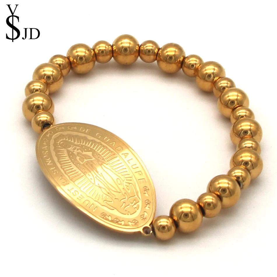 

YSJD Gold Color Bangles for Women High Quality Stainless Steel Lady of Guadalupe Beads Bracelet Religious Jewelry