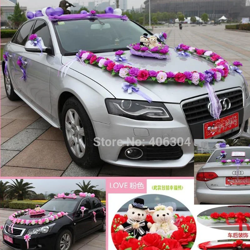 Artificial flowers 1set/lot wedding car decoration flowers set red pink