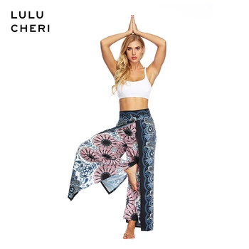 

Women Indian Thailand Bohemia Leggings Loose Style High Split Multicolor Geometric Print Long Pants Fitness Sport Trousers