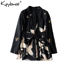 Винтажный стильный принт с Журавлями, Клубные пиджаки с поясом, пальто для женщин, мода, длинный рукав, женская верхняя одежда, повседневная, Casaco Femme