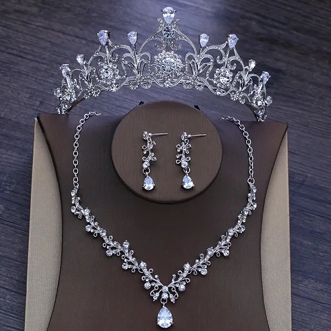 Fig Невеста zircao joia da coroa colar brincos tres-pedaco terno do casamento acessorios vestido da noiva головной убор - Окраска металла: Fig