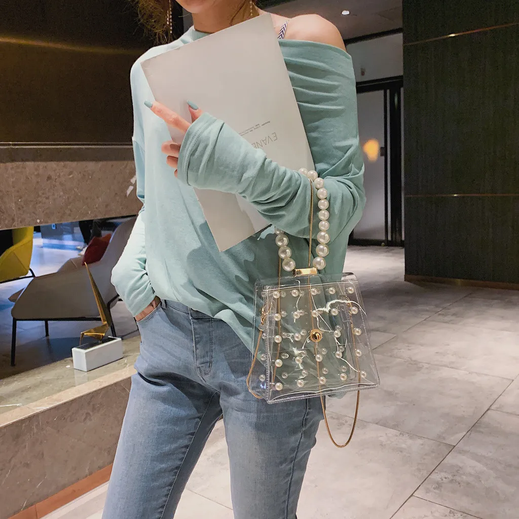 Женские жемчужные сумки через плечо водонепроницаемый прозрачный ПВХ сумка-мессенджер с цепочкой дамы из прозрачных бусин Tote сумки# T30