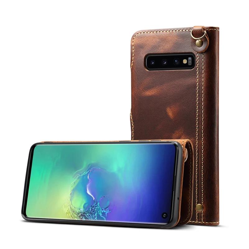  For Samsung S10 S10E Phone Case Retro Oil Wax Cowhide Leather Strap Flip Wallet Card Case Bag Cover