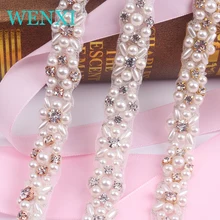 WENXI 5YARDS Wholesale Crystal Rhinestone Trim With Pearls Beaded Rhinestone Bridal Applique For Wedding Gown Or Sash