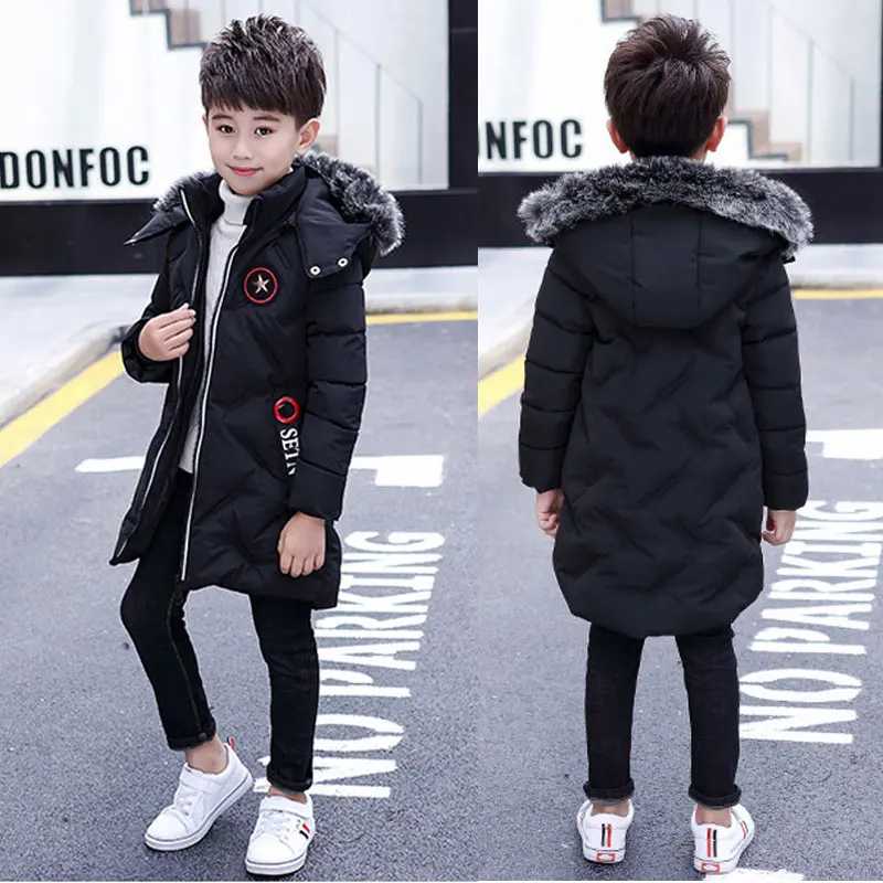

Long Children Cotton Parkas Fluffy Fur Hooded Down Coats for Teenage 3-10years 5Colors Black Grey Winter Jacket Warm Outerwear