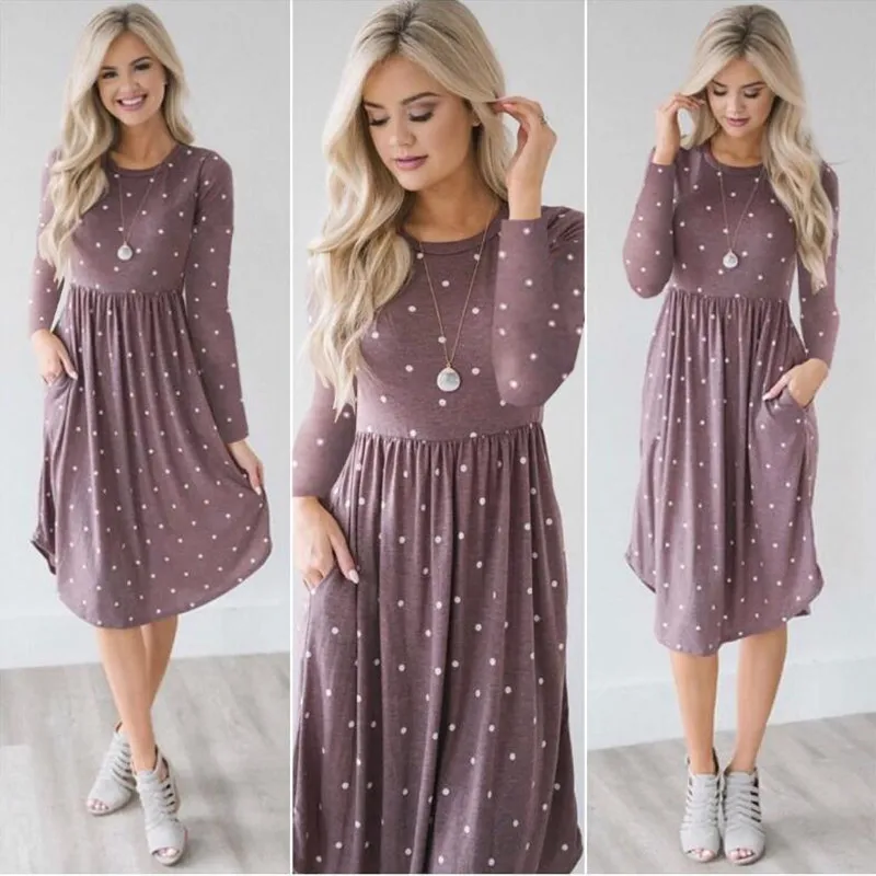 

Pocket Elegant Knee-length Dress High Quality Autumn 2019 Casual Women Dress Long Sleeve O-neck Dot Printed Loose Dress Vestidos