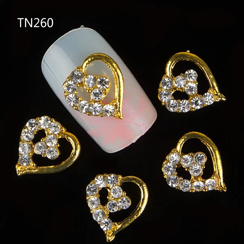 10pcs Golden Metal Heart Rhinestones 3d Nail Art Decorations, Alloy