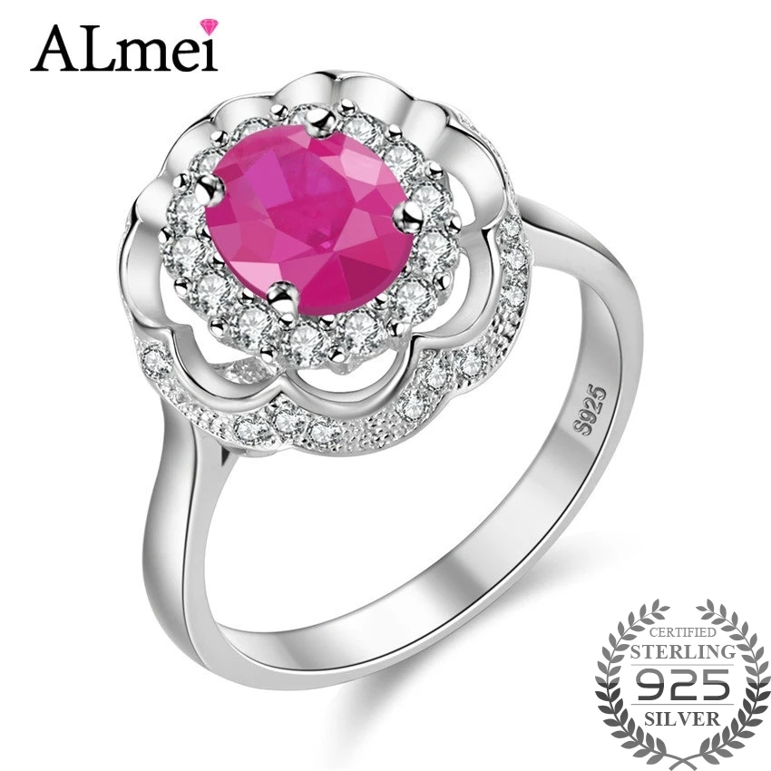 

Almei Fine Gem Oval Ruby Flower Wedding Ring Real Pure Solid 925 Sterling Silver Women Red Zircon Jewelry with Box 10% CJ011