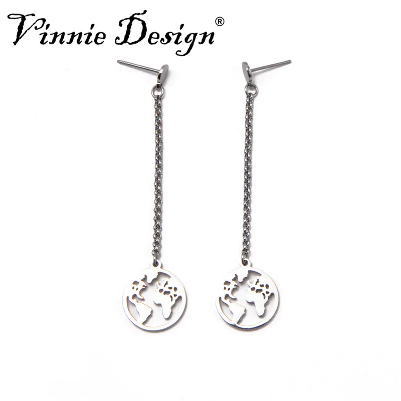 

Vinnie Design Jewelry Silver Gold Rose Gold Color Global World Map Earrings Stainless Steel Drop Earrings for Women 1Pair