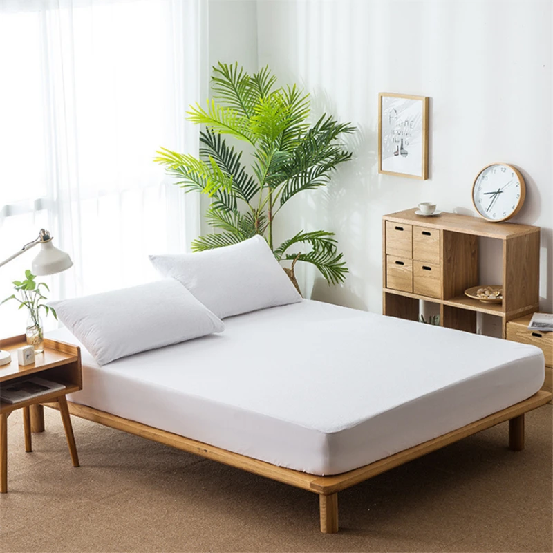 

Solid Color Terry Cloth Waterproof Bed Protector Fitted Bed Sheet Bed Cover Urine Mattress Anti-Slip Protective Cover