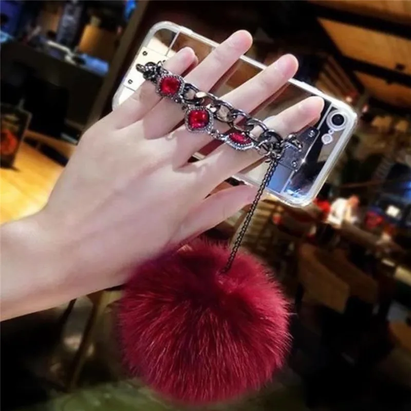 

Fluffy Ball Hairy Pearl Diamond Rhinestone Hand Chain Bracelet Bright Mirror Case For Nokia 6/Lumia 950XL/N920/N930/925/N535/640