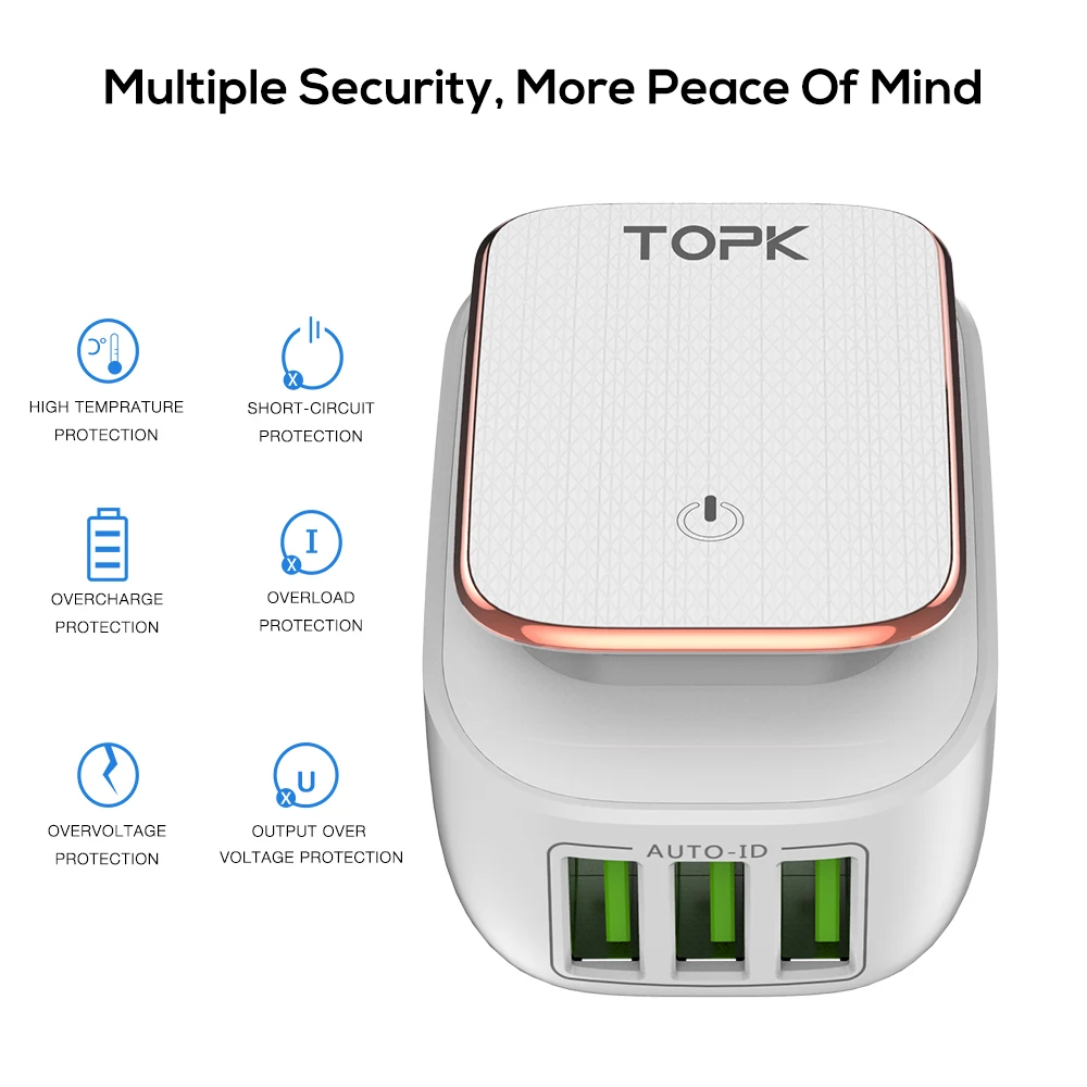 Topk 3 Порты и разъёмы телефон Зарядное устройство 5 В 3.4a (макс.) светодиодный