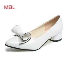 2018 Shoes Women Bow Low Heels Ladies Heels Bridal Shoes Patent Leather Footwear Female White Red Black Heels Plus Size 42 43 2018 women shoes black work super high heels shoes woman sweet bow single shoes big size 32 43 46 47 leather shoes red bottom