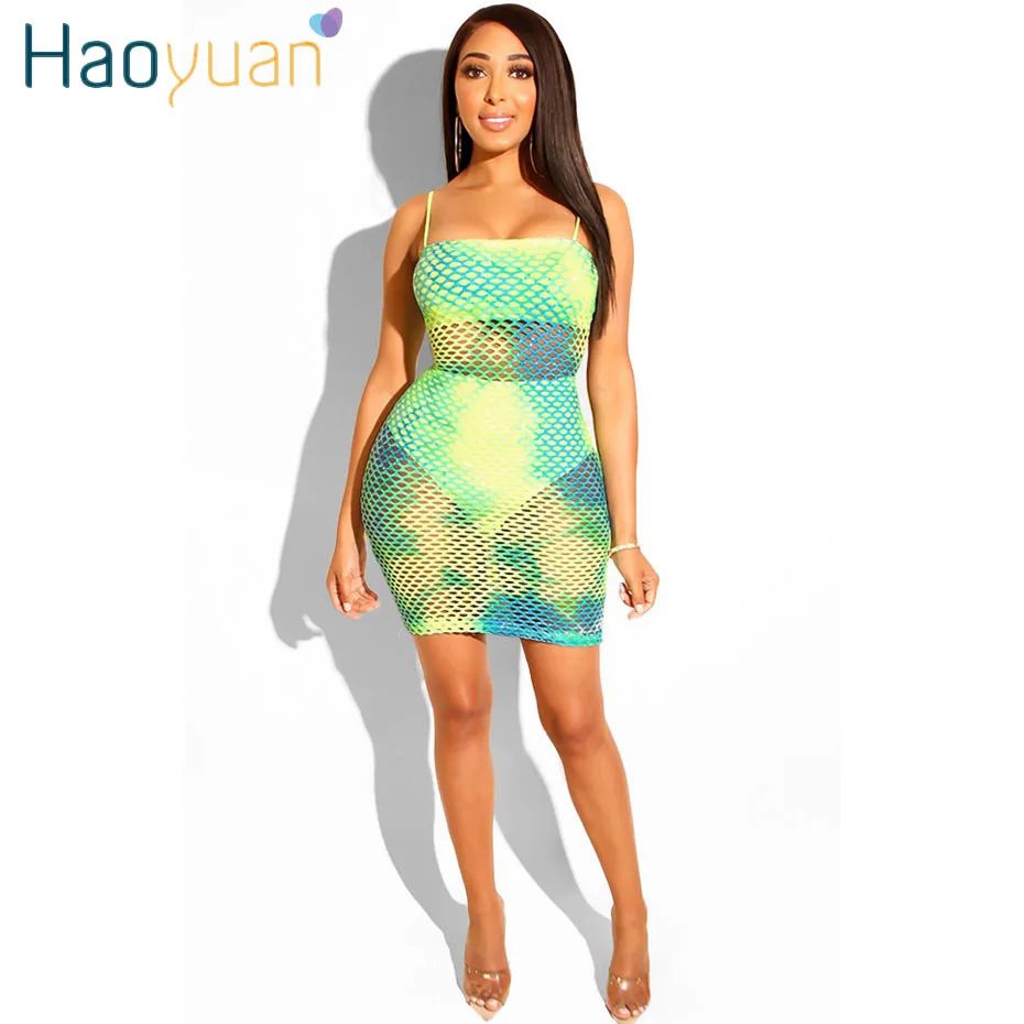 

HAOYUAN Plus Size Tie Dye Sexy Club Party Dress Women Vestidos Boho Beach Dress Fishnet Mesh Sundresses Bodycon Summer Dresses